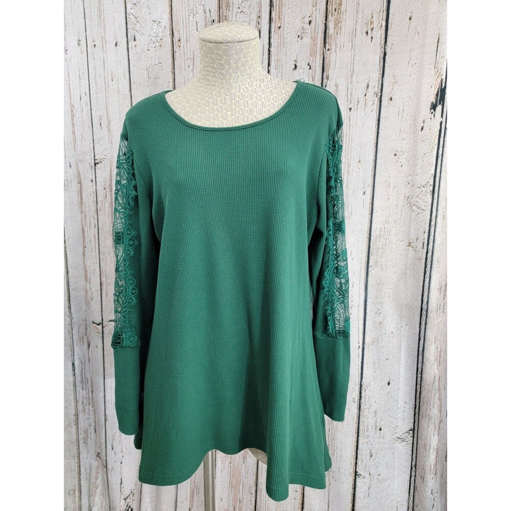 SUZANNE BETRO Waffle Knit Lace‎ Accent Long Sleeve Blouse Shirt Women's Large